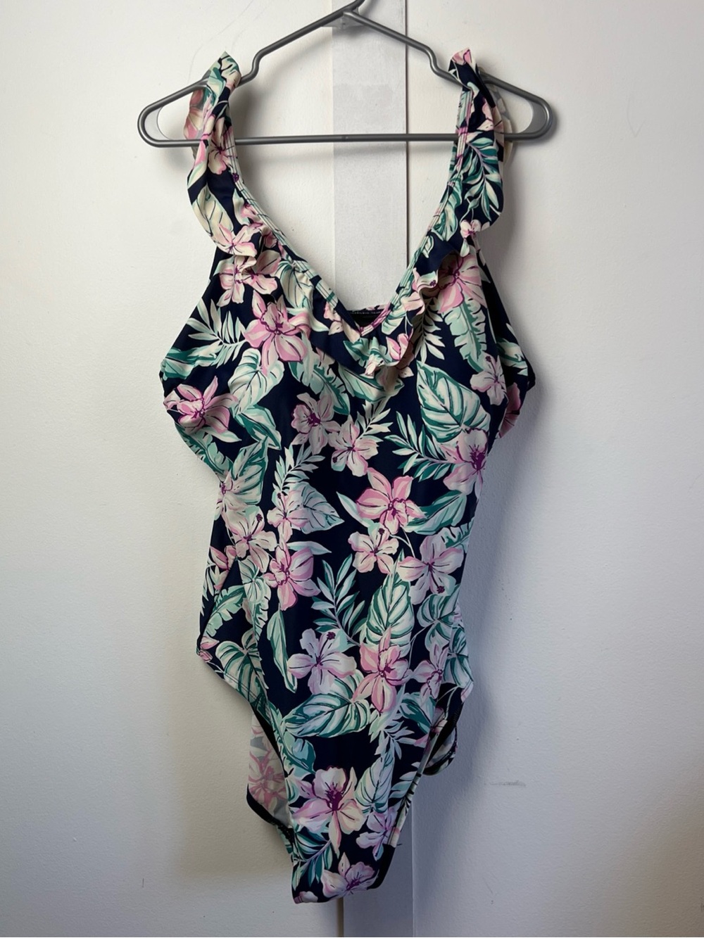 One-Piece Swimsuit - Navy with Pink Tropical Floral print and ruffle